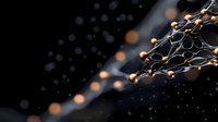 Glowing orange molecular structure on dark background with bokeh effect shows scientific concept of nanotechnology and chemical bonds in modern research.