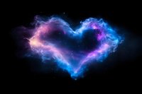 Cosmic heart shape formed by glowing blue and pink nebula clouds against black space background, creating romantic celestial art for Valentine designs.