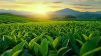Vibrant green tea plantation at sunrise with rolling hills and mountain silhouettes in background, dramatic golden sunburst illuminating fresh tea leaves in morning light.