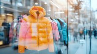 Colorful orange and pink puffer jacket displayed in clothing store window with blurred urban shopping street background. Perfect for winter fashion retail.