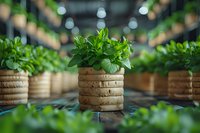 Fresh basil plants growing in biodegradable pots on hydroponic farm with bokeh lights. Modern sustainable agriculture and organic herb production.