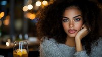 Young African American woman with curly hair resting chin on hand in cozy cafe with warm bokeh lights creating intimate evening atmosphere for lifestyle content.