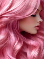 Young Asian woman with flowing pink hair in profile view showing long eyelashes and full lips against pink background, highlighting luxurious wavy hairstyle.