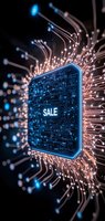 Glowing digital sale sign with circuit board pattern and radiating light connections on dark background, modern technology concept for e-commerce and online retail.