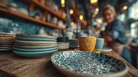 Handcrafted ceramic plates and bowls displayed in artisan pottery workshop with craftsman working in background creating unique tableware pieces.