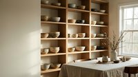 Minimalist pottery studio interior with wooden shelving displaying handmade ceramic bowls and dishes in neutral earth tones for artisan workspace design.
