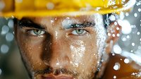 Construction worker in protective yellow hard hat with intense gaze and sweat on face during hot day at work site, water drops and bokeh light effects in background.