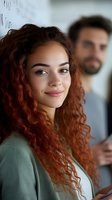 Young mixed-race woman with curly red hair smiling in modern office environment with male colleague in background for business and workplace concepts.