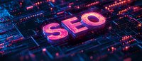 Glowing pink neon SEO text on digital circuit board background with blue technology elements and binary code patterns for search engine optimization concept.