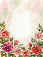 Watercolor floral frame with pink and coral roses, green foliage, and soft pastel background. Isolated design element suitable for invitations, greeting cards, and wedding stationery projects.