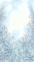Watercolor winter border with delicate snowflakes, frost-covered foliage, and icy branches framing a blank center space. Soft blue and white tones create a seasonal background suitable for greeting cards, invitations, and holiday designs.