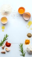 Fresh cooking ingredients arranged around blank white paper with flour, eggs, olive oil, herbs and spices on clean background for culinary recipes.