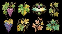 Watercolor grape vine clipart set with leaves, bunches, and decorative label, isolated on transparent background. Great for stickers, sublimation, and t-shirt design.