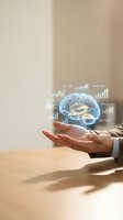 Businessman hands presenting holographic brain with data analytics charts and KPI metrics for artificial intelligence and machine learning concepts.