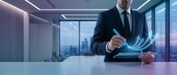 Professional businessman in suit analyzing holographic growth chart with upward arrow trend in modern office conference room for business success presentations.
