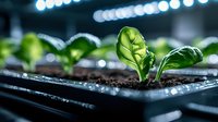 Young green seedlings growing in starter tray with water drops under grow lights, macro view of fresh sprouts emerging from soil in greenhouse nursery.