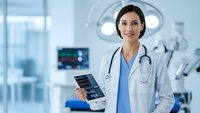 Female doctor holding digital tablet in modern hospital operating room with surgical lights and medical equipment in background.