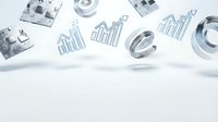 Financial data analytics concept with floating bar charts, currency symbols, and business documents on white background for corporate reporting and investment analysis.