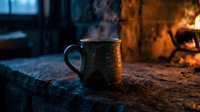 Steaming ceramic mug on rustic stone hearth with glowing fireplace in background, cozy winter atmosphere, warm drink concept.