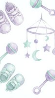 Watercolor baby items pattern with shoes, mobile, rattles in purple and mint green colors isolated on white background for nursery design.