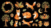 Cute fox clipart set with autumn leaves, trees, mushrooms, and floral elements, isolated on transparent background. Great for stickers, t-shirt design, and print on demand.