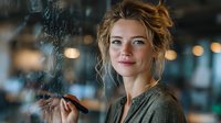 Young blonde Caucasian woman with curly hair smiling warmly in modern restaurant or cafe setting with soft bokeh lighting and industrial decor elements.