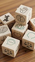 Wooden blocks with mental health and wellness symbols including brain, hand, heart, lotus, scales for mindfulness therapy and psychological support concepts.