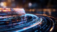Futuristic digital technology concept with glowing blue and orange light trails in circular pattern against dark background, representing data flow and connectivity.