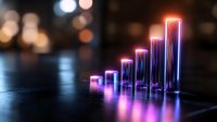 Glowing neon bar graph showing upward trend with purple and pink gradient light effect on dark background with bokeh lights. Suitable for business presentations.