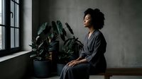 Young woman with dark curly hair and medium skin tone sitting by window next to potted plant, wearing gray robe, contemplative pose in minimalist interior space.