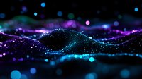 Abstract wave of glowing particles with purple and blue bokeh lights on dark background, flowing dynamic digital art visualization for technology concept.