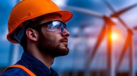 Middle Eastern male engineer in protective helmet and glasses observing wind turbine at sunset, renewable energy industry worker against orange sky background.