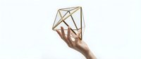 Hand holding geometric golden wireframe polyhedron structure against white background for modern design concepts and creative presentations.