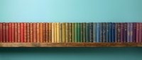 Rainbow-colored vintage books arranged in a gradient spectrum on a wooden shelf against a soft teal wall, creating a vibrant library display.