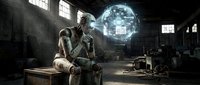 Futuristic robot with glowing holographic brain display in abandoned industrial warehouse. Artificial intelligence concept for technology and sci-fi projects.