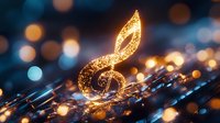 Glowing golden treble clef with sparkles on dark blue background with bokeh lights creates magical musical atmosphere for concert posters and event designs.