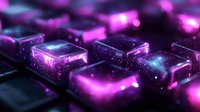 Glowing computer keyboard keys in vibrant purple and blue neon colors with bokeh light effects, macro photography showing detailed key surfaces and ambient lighting.