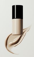 Liquid foundation bottle with smooth beige cream swirl texture against white background, showcasing cosmetic product for beauty and makeup advertising.