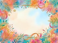 Colorful tropical floral frame with vibrant leaves, flowers, and decorative elements surrounding a blank center space. Isolated design element ready for text overlay, invitations, posters, and creative projects.