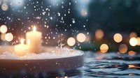 Glowing candles on water surface with raindrops on glass and bokeh lights creating atmospheric mood for relaxation, meditation, or spa setting.