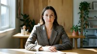 Professional businesswoman in gray suit sitting at office desk with plants and natural lighting for corporate presentations.
