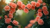 Blooming coral pink roses form natural arch in garden with soft bokeh background, creating romantic floral frame. Fresh spring flowers with green foliage.