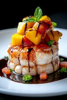 Grilled shrimp tower topped with fresh mango and peach salsa, drizzled with balsamic reduction, garnished with mint leaves on white plate, dark background.
