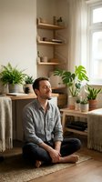 Relaxed Caucasian man sitting cross-legged on floor in cozy living room with houseplants and natural light streaming through window for mindfulness.