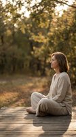 Peaceful middle-aged Caucasian woman meditating in lotus position on wooden deck during golden hour autumn sunset with warm natural lighting and bokeh background.