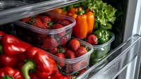 Fresh produce in open refrigerator drawers showing vibrant strawberries in containers, red and orange bell peppers, and green lettuce arranged neatly for healthy eating.