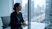 Professional businesswoman in dark suit sitting at modern office desk looking out city window during daytime meeting or planning session.