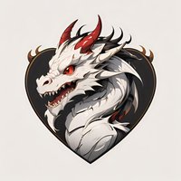 White dragon head with red eyes and horns in heart-shaped frame against light background. Fantasy creature design for gaming, tattoo art or merchandise.