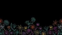 Colorful floral line art border on black background with roses, leaves and botanical elements for elegant design projects and decorative applications.