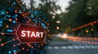 Glowing red start button with digital particles and network connections floating over blurred urban street background with bokeh lights at dusk.